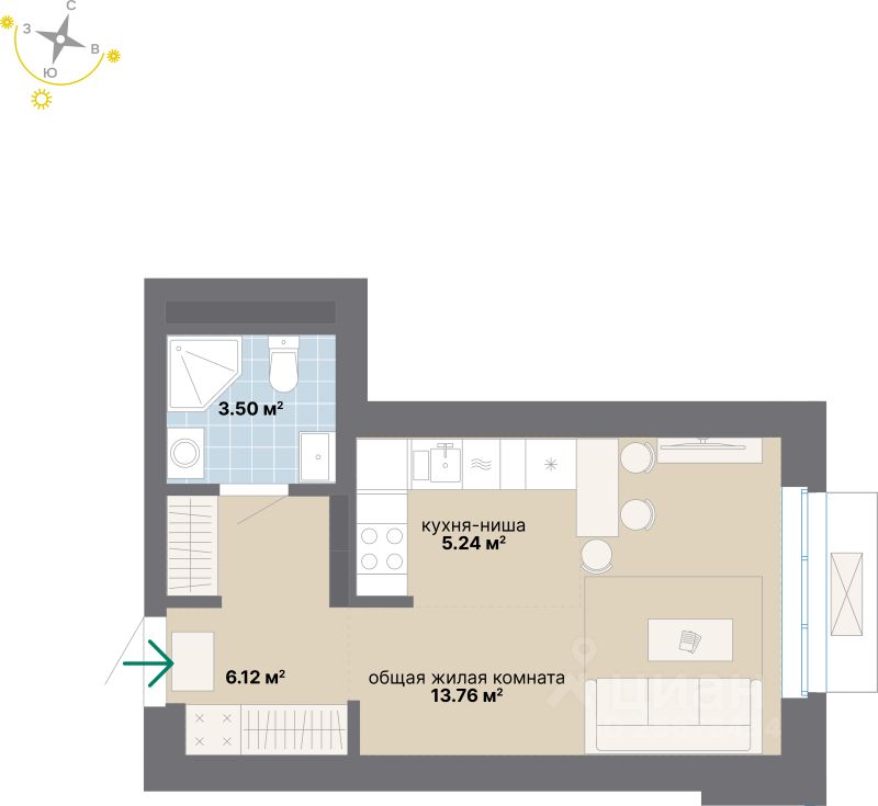 Студия, 28,6 м², 13/24 этаж