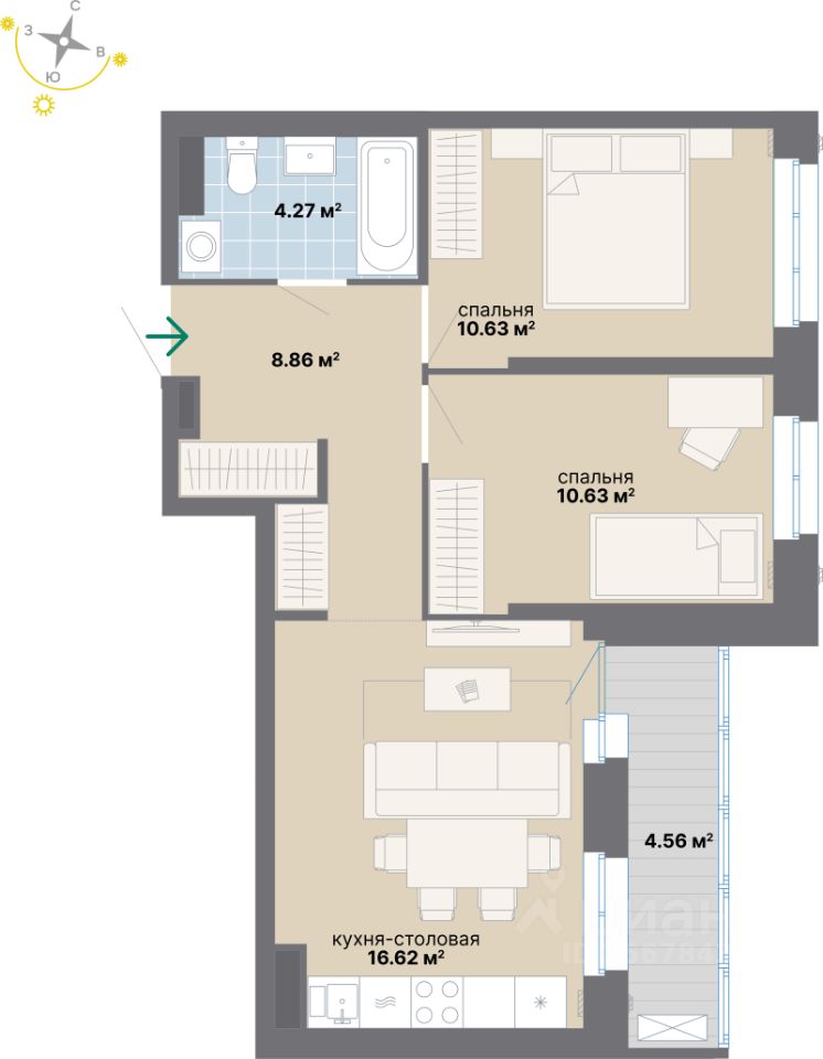 2-комн.кв., 55,5 м², 4/24 этаж