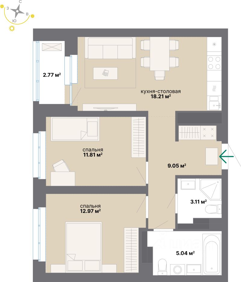 2-комн.кв., 63 м², 14/24 этаж