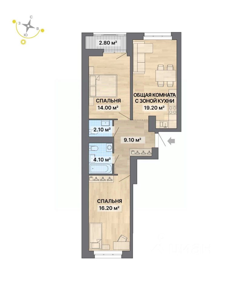 2-комн.кв., 67,4 м², 25/26 этаж