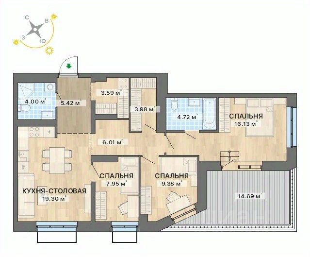 3-комн.кв., 95,2 м², 10/25 этаж