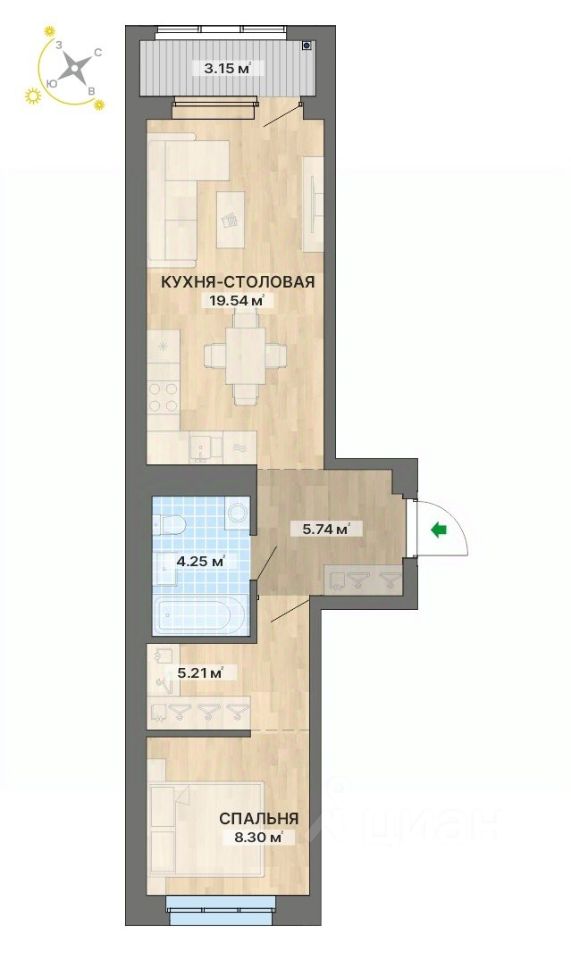 1-комн.кв., 46,2 м², 10/15 этаж