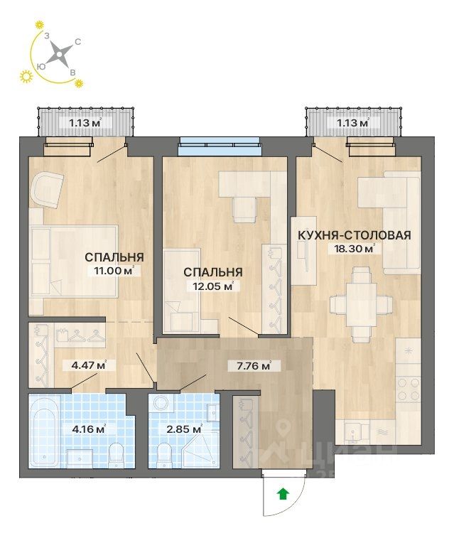 2-комн.кв., 62,9 м², 13/15 этаж
