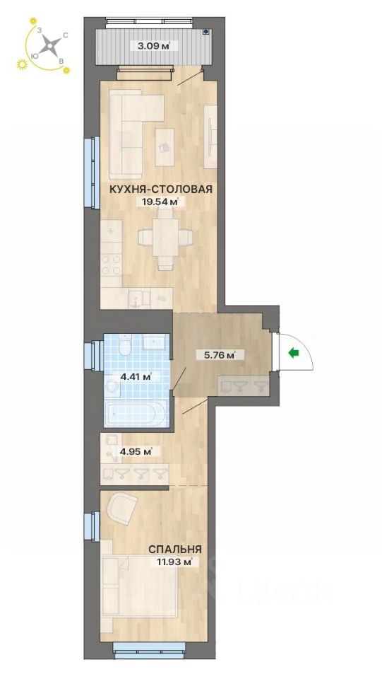 1-комн.кв., 49,7 м², 12/15 этаж