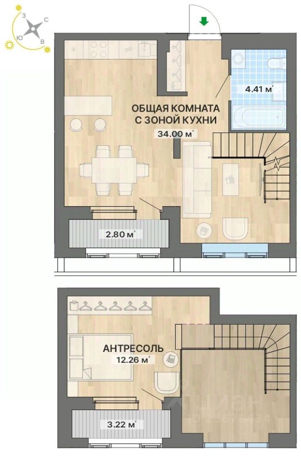 Студия, 56,7 м², 8/9 этаж
