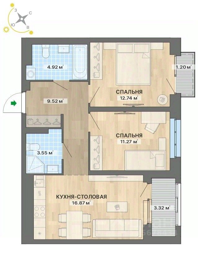 2-комн.кв., 63,4 м², 4/22 этаж