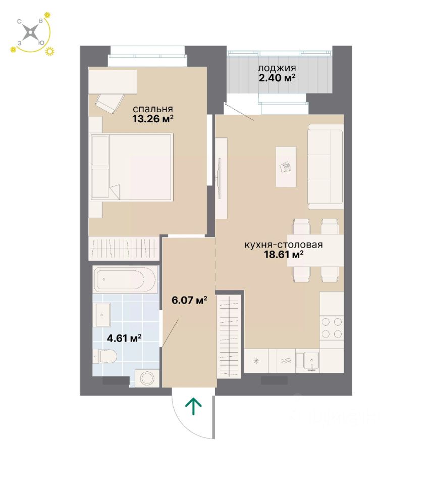 1-комн.кв., 45 м², 3/14 этаж