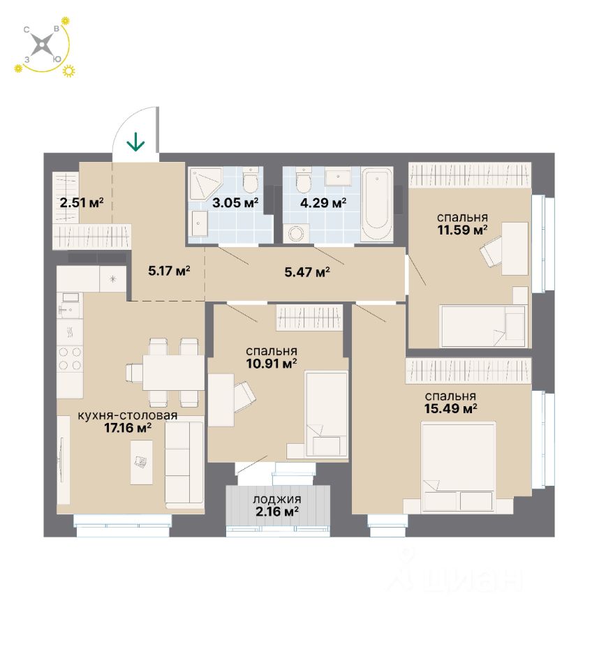 3-комн.кв., 77,8 м², 9/14 этаж