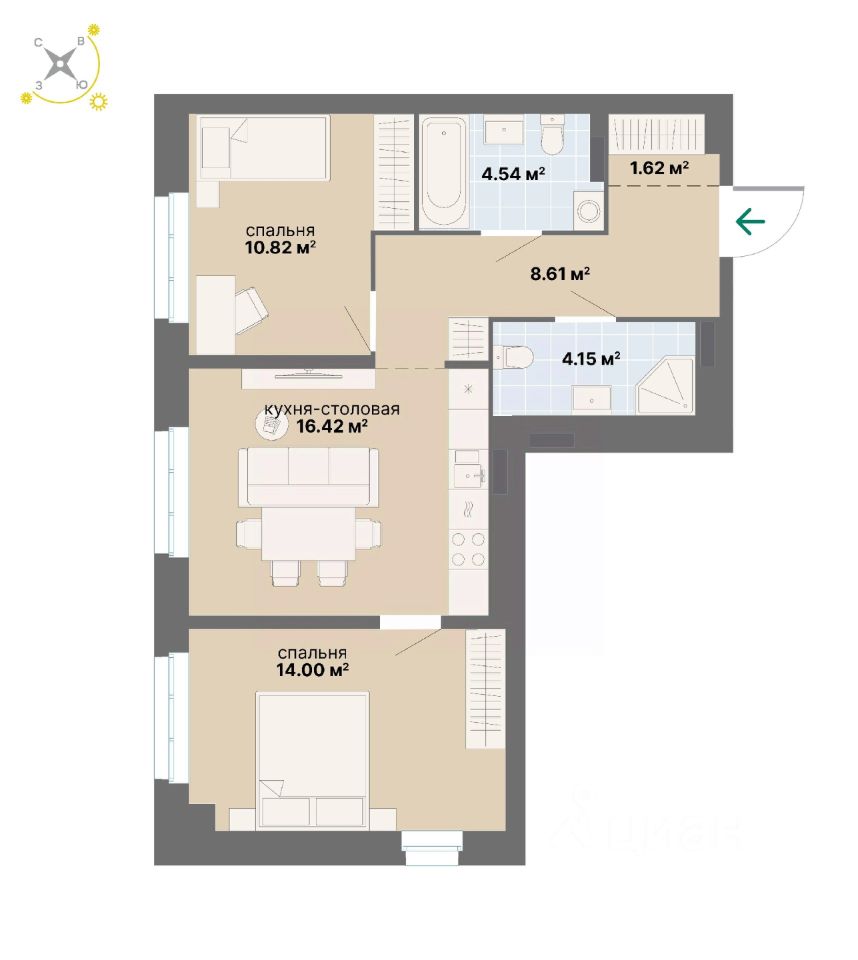 2-комн.кв., 60,2 м², 4/14 этаж