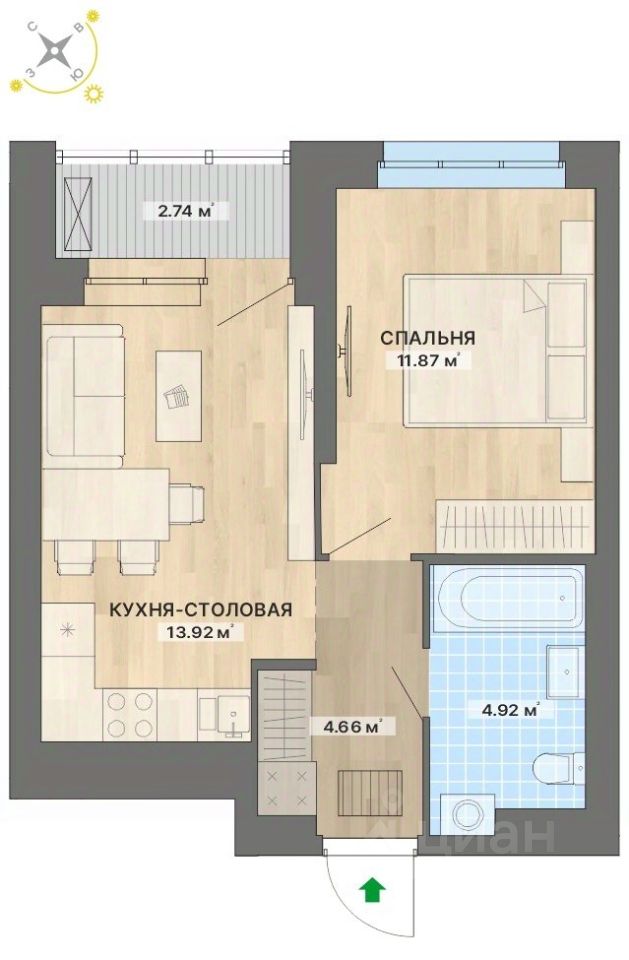 1-комн.кв., 38,1 м², 7/26 этаж