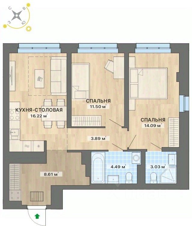 2-комн.кв., 61,8 м², 17/26 этаж