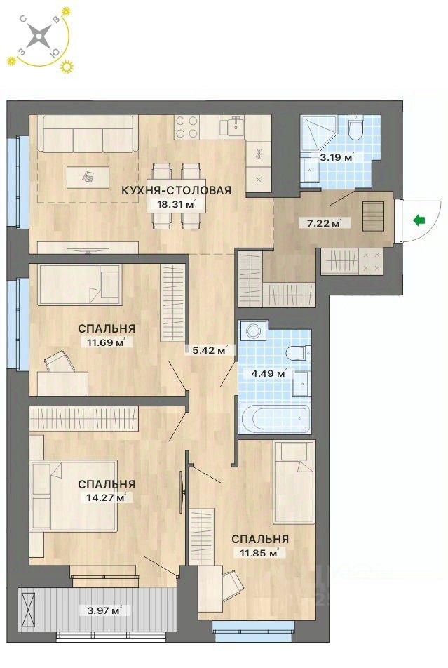 3-комн.кв., 80,4 м², 16/26 этаж