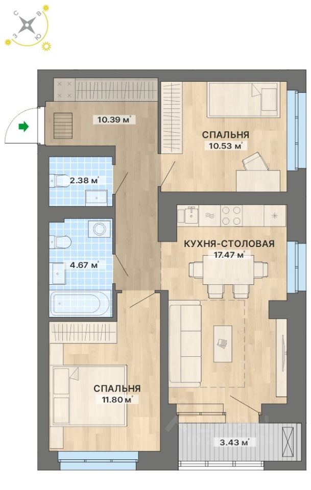 2-комн.кв., 60,7 м², 10/26 этаж