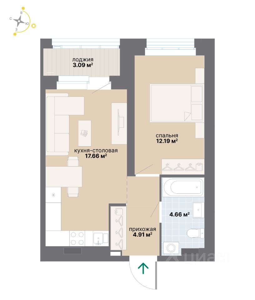 1-комн.кв., 42,5 м², 2/25 этаж