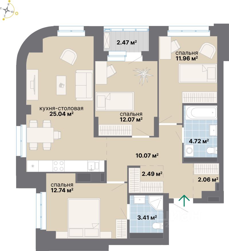 3-комн.кв., 87 м², 13/25 этаж