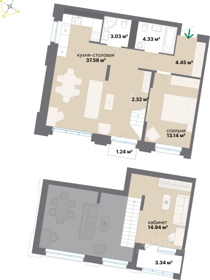 2-комн.кв., 84,3 м², 7/9 этаж