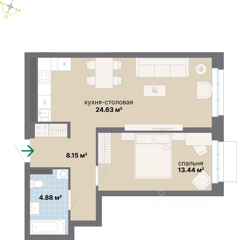 1-комн.кв., 51,1 м², 3/26 этаж