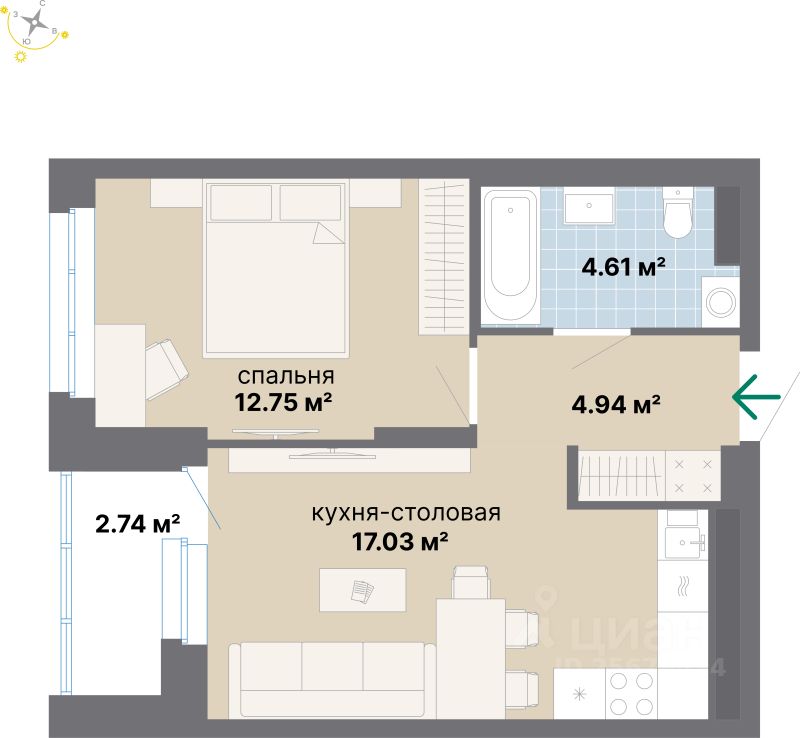 1-комн.кв., 42,1 м², 7/26 этаж