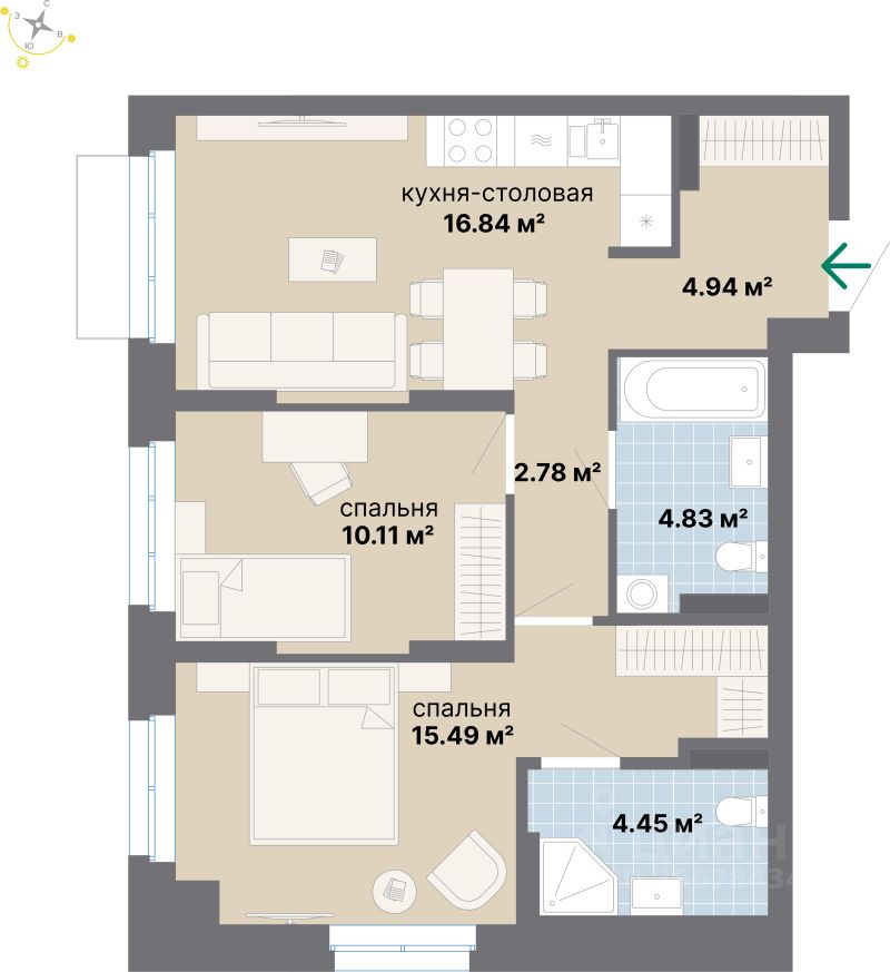 2-комн.кв., 59,4 м², 7/26 этаж