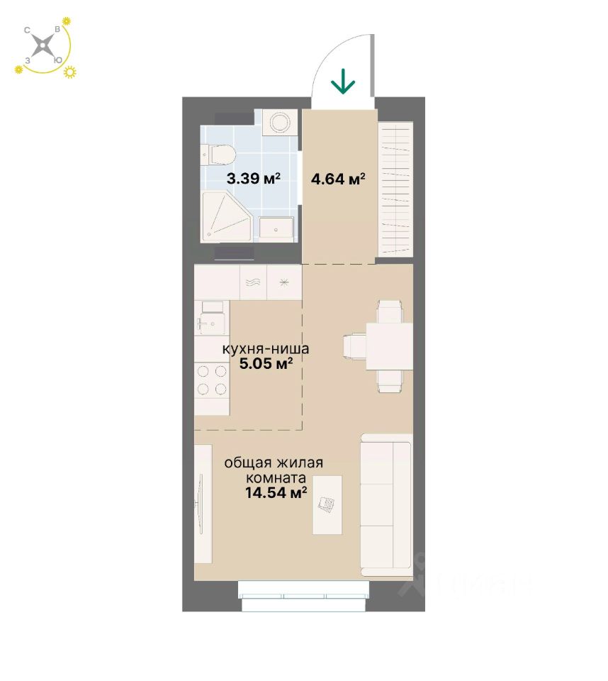 1-комн.кв., 27,6 м², 5/14 этаж