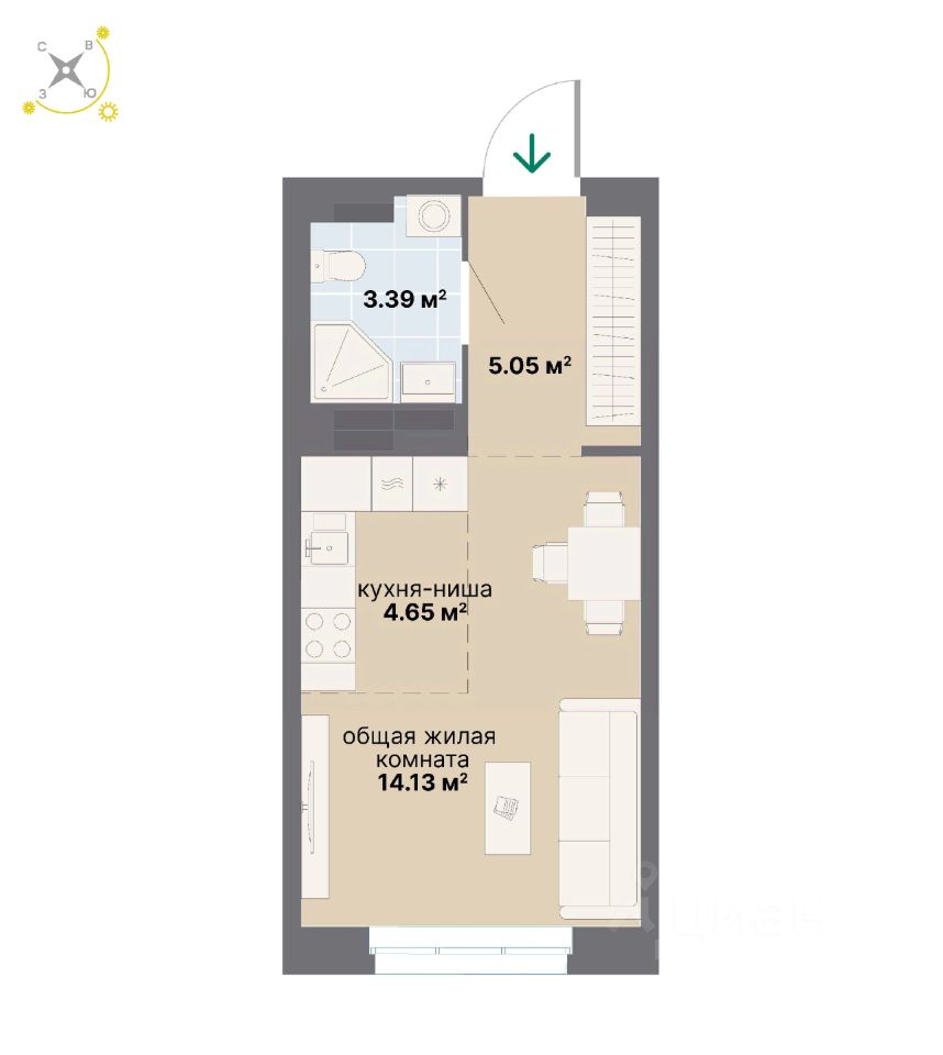 1-комн.кв., 27,2 м², 7/14 этаж