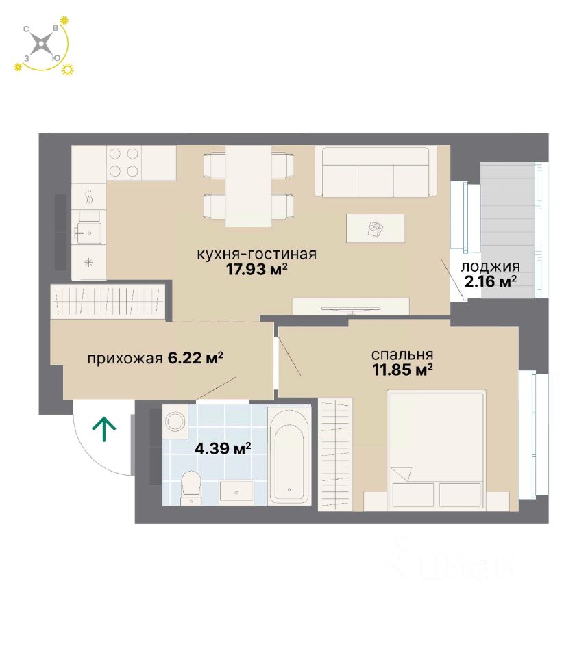 1-комн.кв., 42,5 м², 7/14 этаж