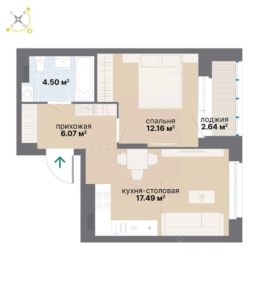 1-комн.кв., 42,9 м², 4/9 этаж