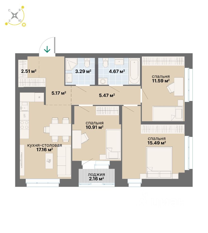 3-комн.кв., 78,4 м², 3/14 этаж