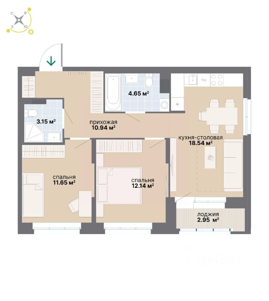 2-комн.кв., 64 м², 4/9 этаж