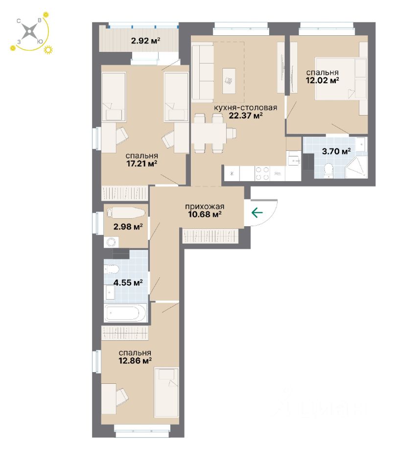 3-комн.кв., 89,3 м², 4/9 этаж