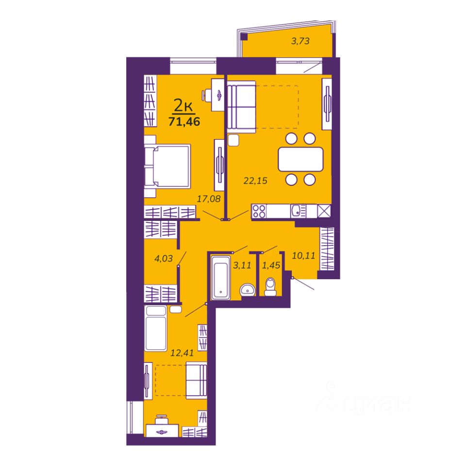 2-комн.кв., 71,5 м², 9/9 этаж