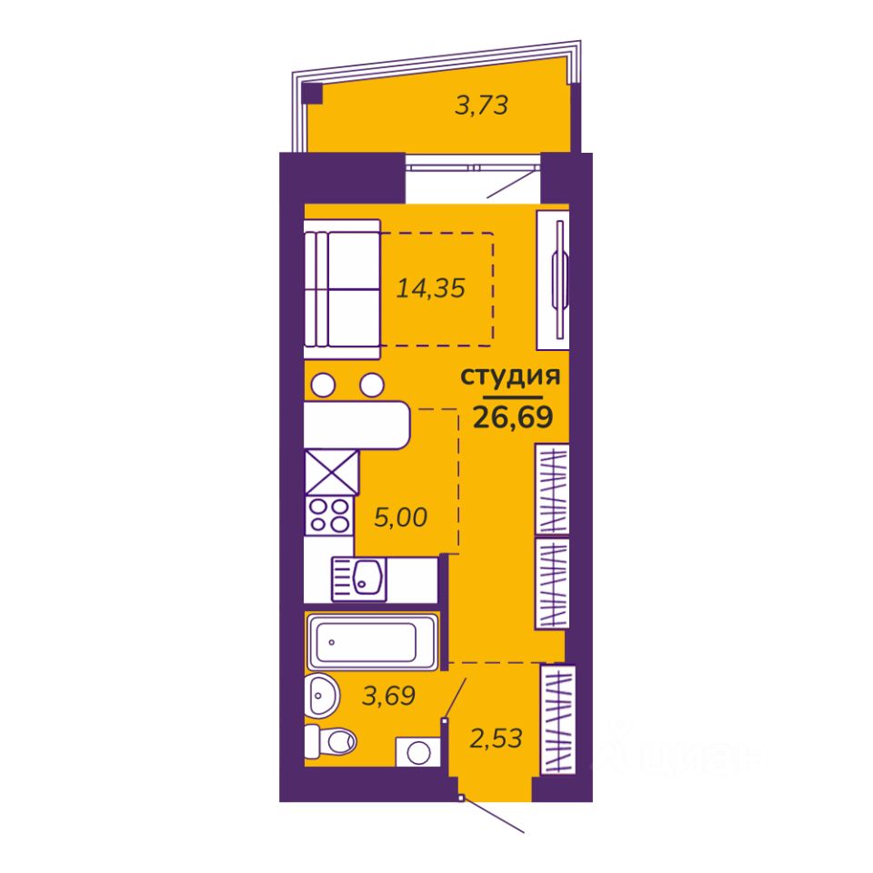 Студия, 26,7 м², 2/9 этаж
