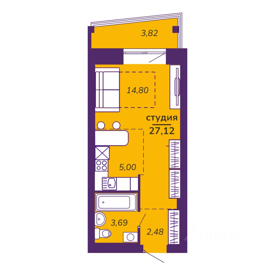 Студия, 27,1 м², 4/9 этаж