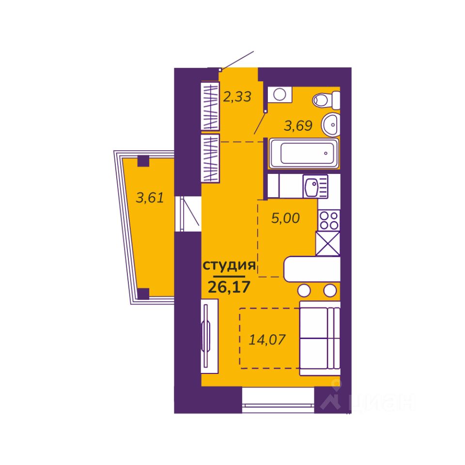 Студия, 26,2 м², 7/9 этаж