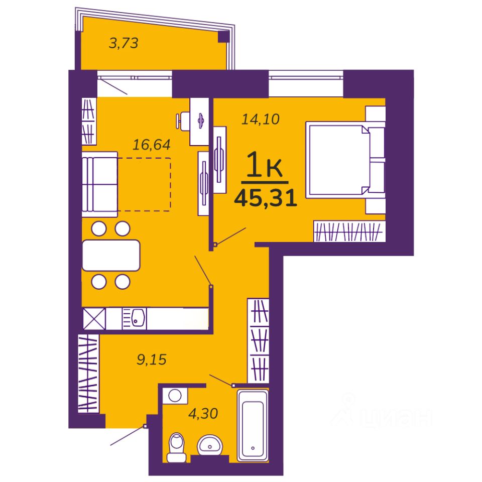 1-комн.кв., 45,3 м², 9/9 этаж