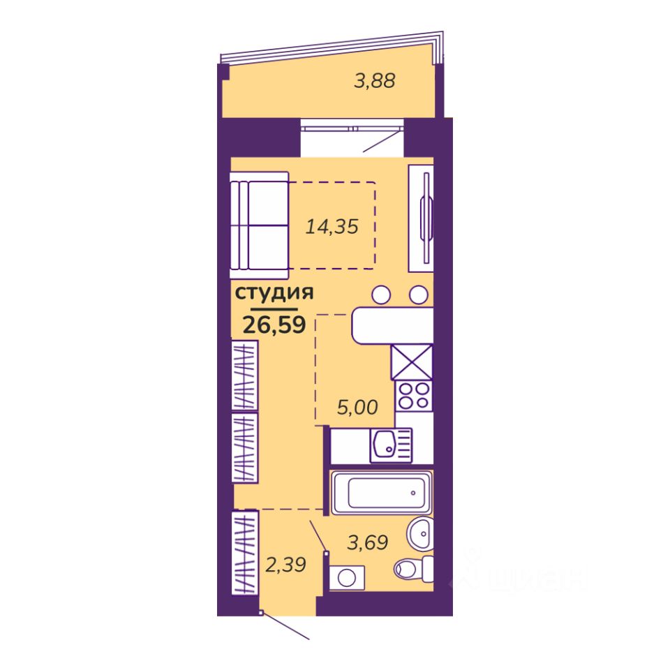 Студия, 26,6 м², 5/9 этаж