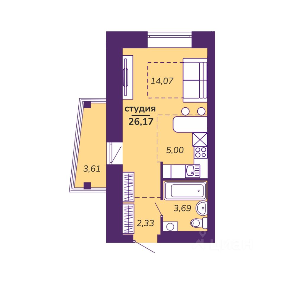 Студия, 26,2 м², 6/9 этаж