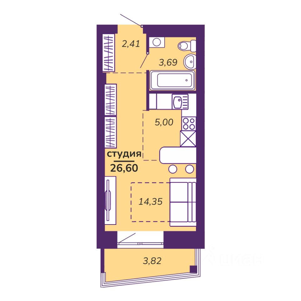 Студия, 26,6 м², 5/9 этаж