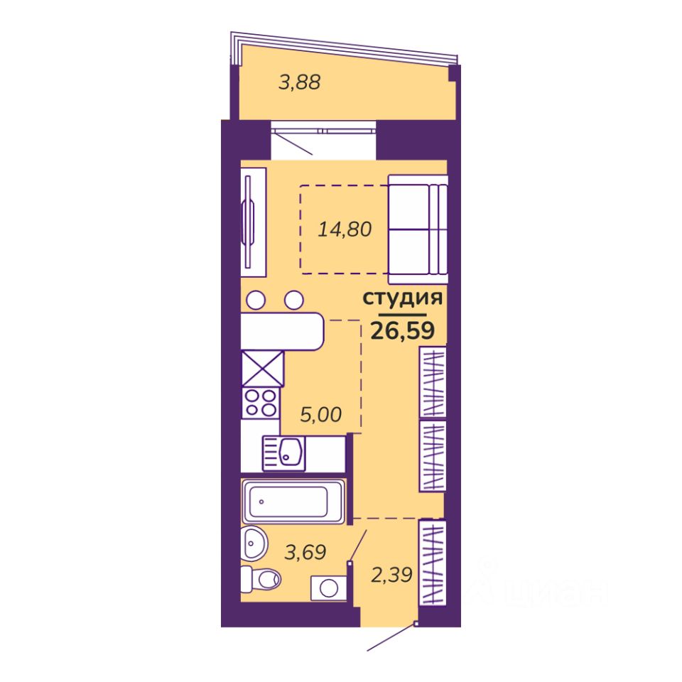 Студия, 26,6 м², 6/9 этаж