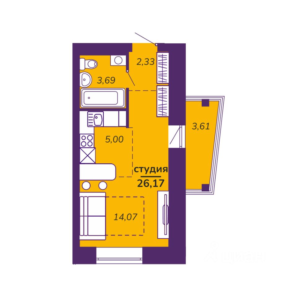 Студия, 26,2 м², 4/9 этаж