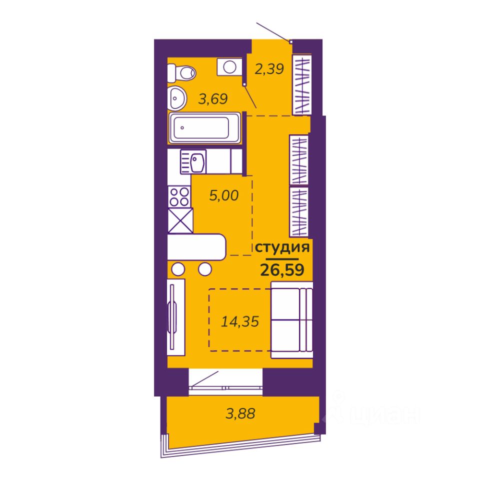 Студия, 26,6 м², 6/9 этаж