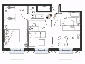 2-комн.кв., 57 м², этаж 6