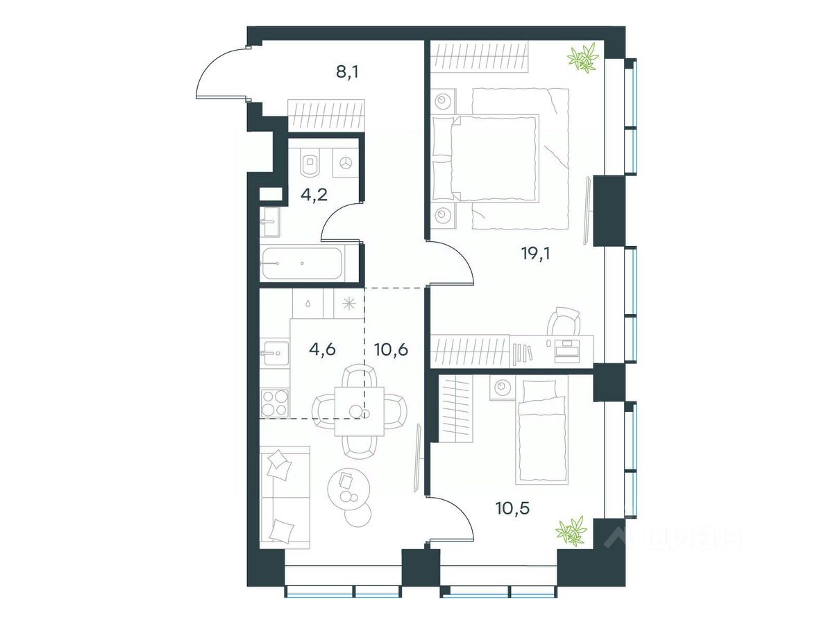 3-комн.кв., 57,1 м², 2/45 этаж