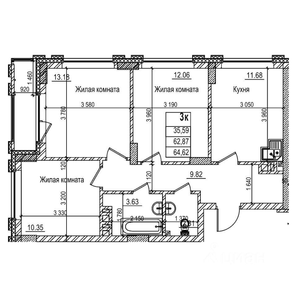 2-комн.кв., 62,8 м², 13/29 этаж
