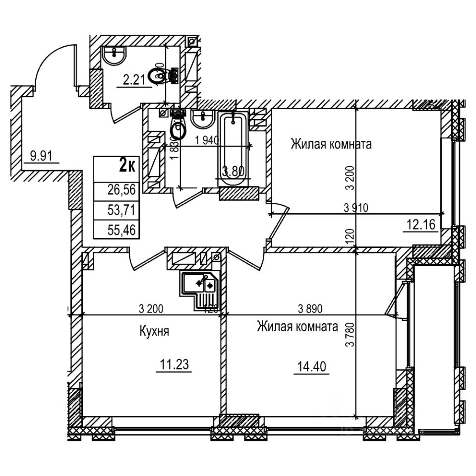 2-комн.кв., 53,7 м², 15/29 этаж