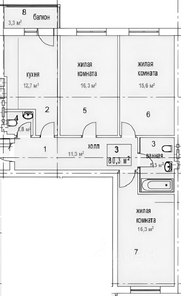 Планировка этой квартиры по данным Циан