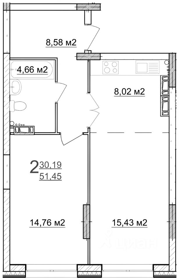 Планировка этой квартиры по данным Циан
