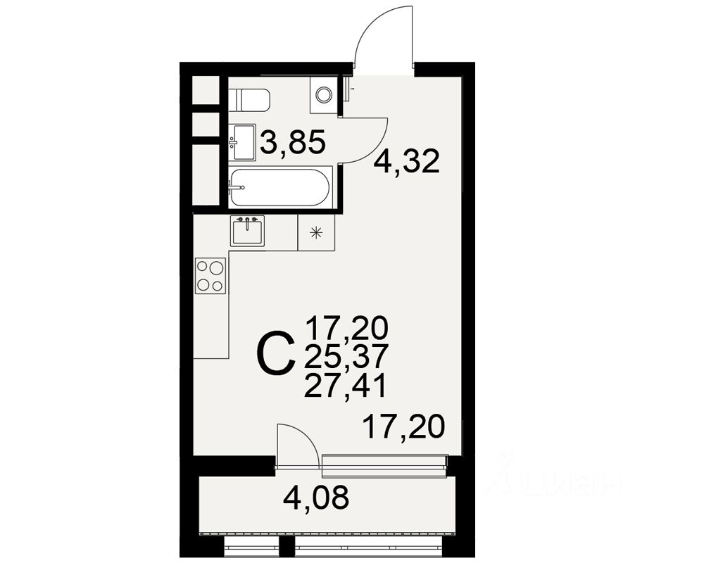 1-комн.кв., 27,4 м², 3/25 этаж