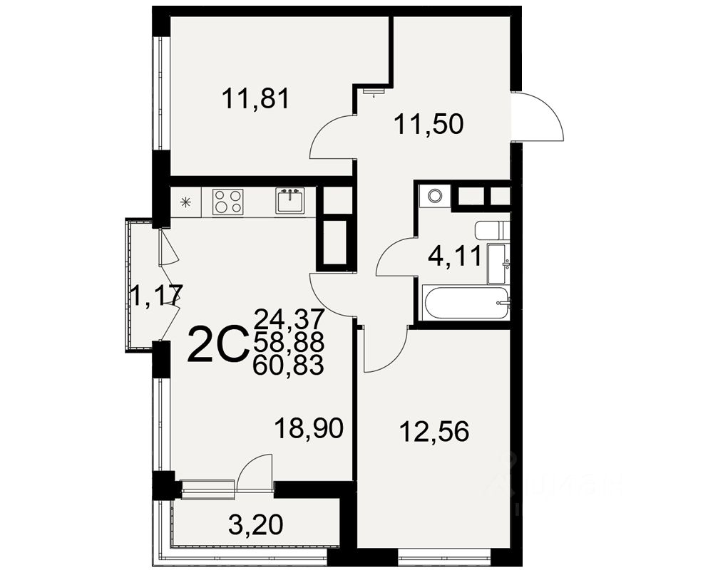 2-комн.кв., 60,8 м², 3/25 этаж