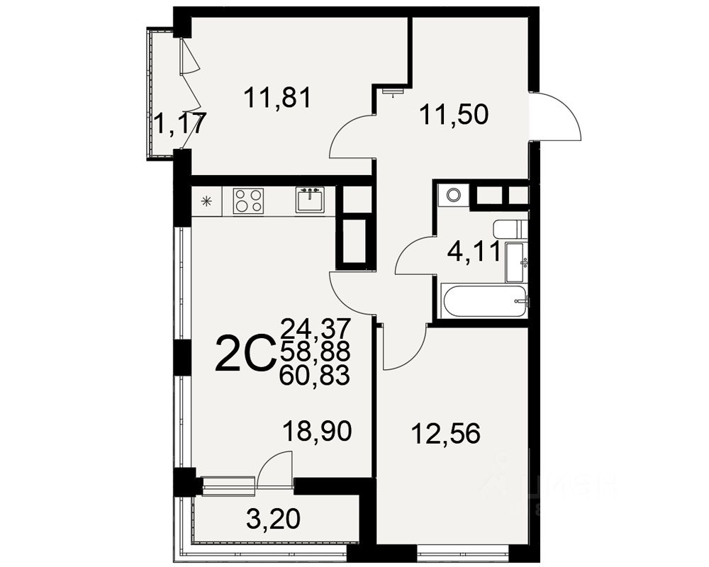 2-комн.кв., 60,8 м², 4/25 этаж